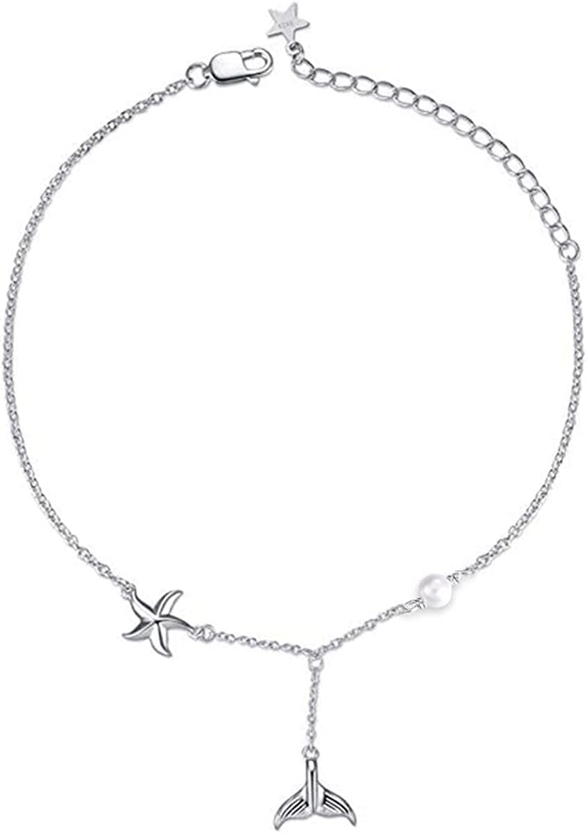 POPLYKE 925 Sterling Silver Infinity/Cross/Mermaid/Starfish/Pearl Anklet for Women Summer Jewelry Apparel & Accessories > Jewelry > Anklets POPLYKE C - Mermaid Anklet  