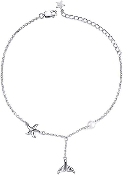 POPLYKE 925 Sterling Silver Infinity/Cross/Mermaid/Starfish/Pearl Anklet for Women Summer Jewelry Apparel & Accessories > Jewelry > Anklets POPLYKE C - Mermaid Anklet  