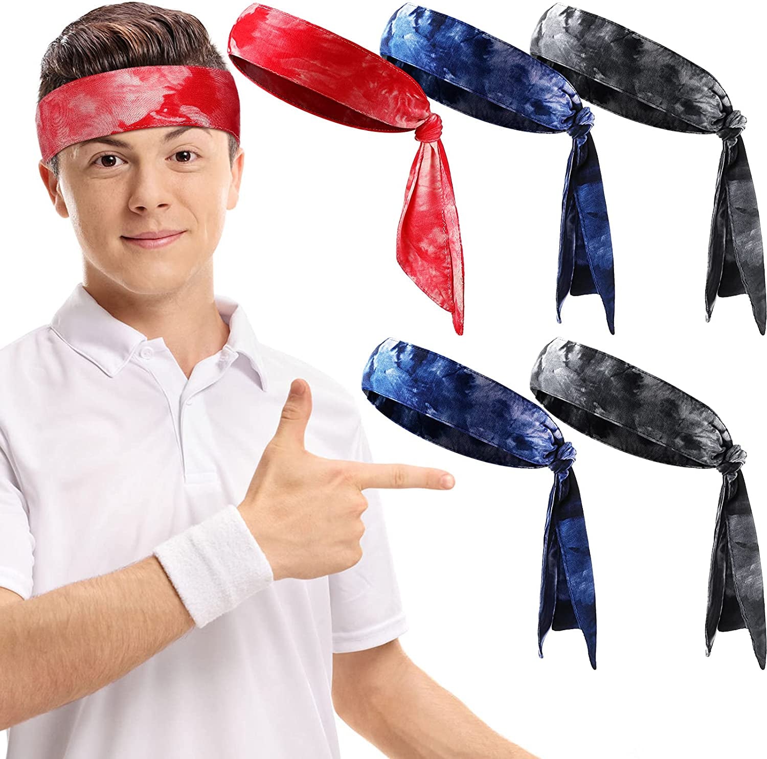 Tarpop 6 Pieces Head Tie Sports Headband Tennis Athletic Bandana Sweat Wicking Hair Band Tie-Dye Elastic Headband Unisex for Men Women Jogging Running Tennis Football Volleyball Rowing Apparel & Accessories > Clothing Accessories > Bandanas & Headties Tarpop   