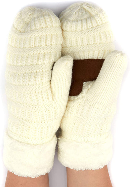 C.C Women Thick Knit Faux Fur Sherpa Fleece Lined Warm Winter Gloves Mittens (CG-36)(MT-008,25,715,816,1816,6245) Apparel & Accessories > Clothing Accessories > Gloves & Mittens C.C Ivory -Thick Solid  