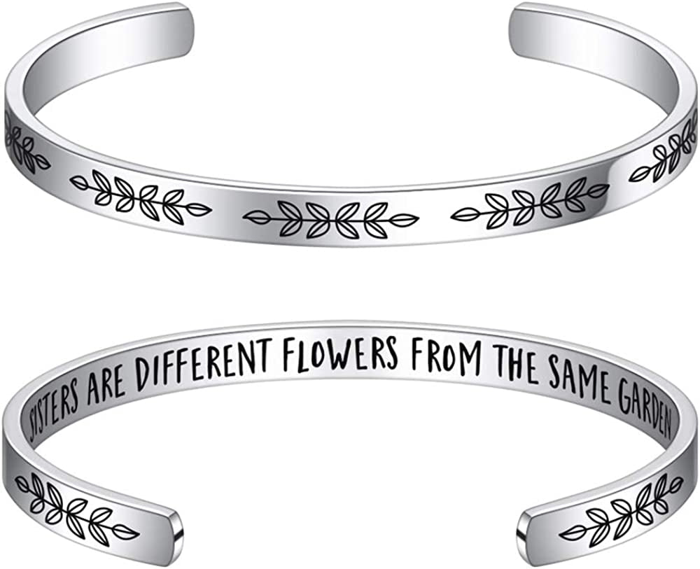 M MOOHAM Bracelets for Women- Engraved Quote Inspirational Bracelet Birthday Christmas Funny Gifts for Best Friend, Daughter, Son, Sister, Niece, Mom, Coworkers, Stainless Steel Jewelry Apparel & Accessories > Jewelry > Bracelets M MOOHAM "Sisters-Sisters are different flowers from the same garden  