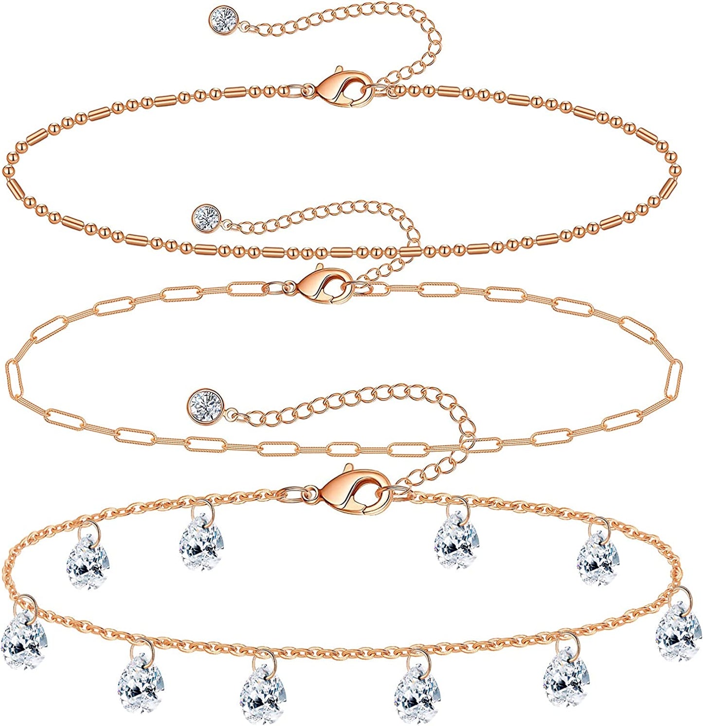Gold Ankle Bracelets for Women 14K Gold Plated Anklet Silver Tennis Rose Quartz Cross Bead Herringbone Snake Paperclip Chain Cubic Zirconia Dainty Layered Anklet Set 3Pcs Apparel & Accessories > Jewelry > Anklets WeSparking I-Rose Gold-TD CZ  