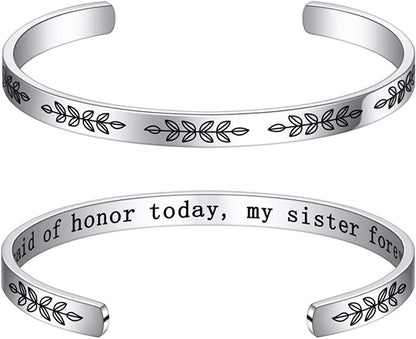 M MOOHAM Bracelets for Women- Engraved Quote Inspirational Bracelet Birthday Christmas Funny Gifts for Best Friend, Daughter, Son, Sister, Niece, Mom, Coworkers, Stainless Steel Jewelry Apparel & Accessories > Jewelry > Bracelets M MOOHAM Wedding gifts-My maid of honor today, my sister forever  