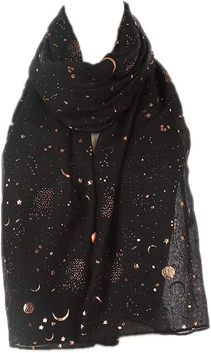 Tinpia Fashion Scarf for Women, Lightweight Colorful Shawl with Star Moon Pattern for Girls Ladies Women Apparel & Accessories > Clothing Accessories > Scarves & Shawls Tinpia Black One Size 