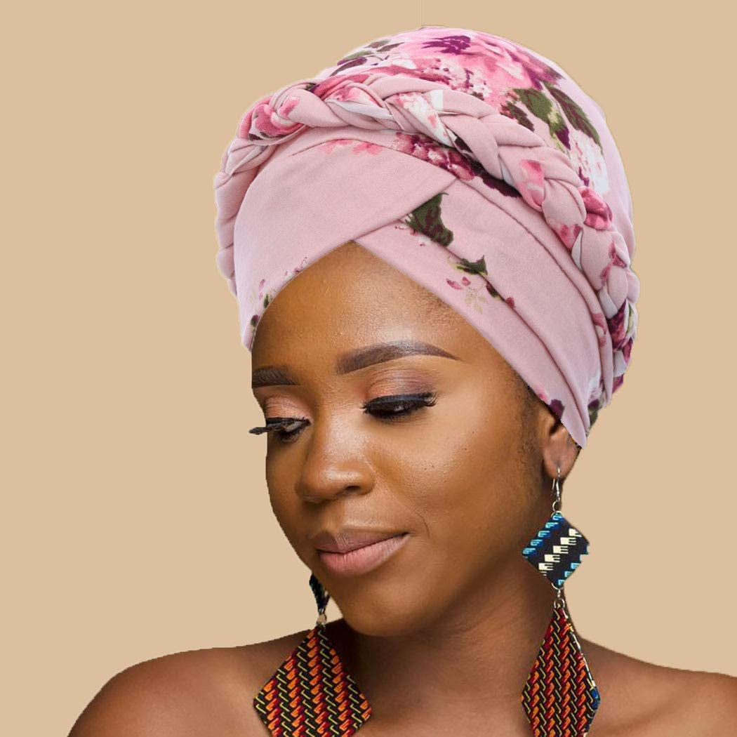 Woeoe African Turban Head Wrap Pink Pattern Head Scarf Soft Flower Print Head Cover Cap Headwear for Women and Girls(Pack of 2) Apparel & Accessories > Clothing Accessories > Headwear Woeoe   