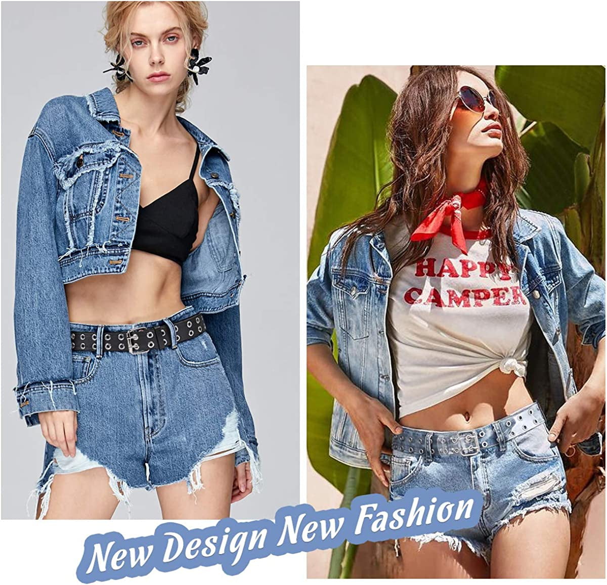WERFORU 2 Pack Double Grommet Belt PU Leather Punk Belt for Women Jeans Apparel & Accessories > Clothing Accessories > Belts WERFORU   