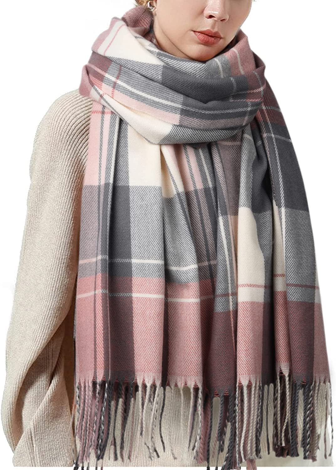 Winter Scarf for Women Shawl Cashmere Feel Tassel Plaid Large Oversized Scarves Wraps Apparel & Accessories > Clothing Accessories > Scarves & Shawls KYLIE MAX Pink  