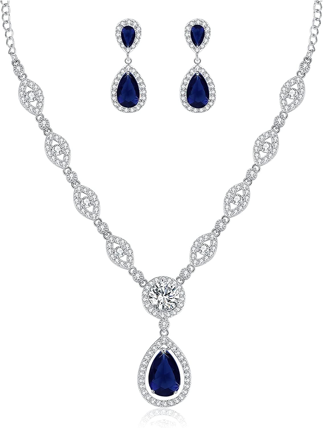 AAA Cubic Zirconia CZ Silver Plated Base Women'S Party Jewelry Set Earrings Pendant Necklace Blue CZ-White gold plated
