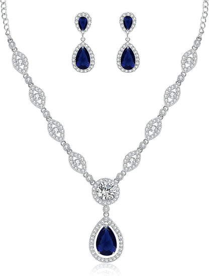 AAA Cubic Zirconia CZ Silver Plated Base Women'S Party Jewelry Set Earrings Pendant Necklace Blue CZ-White gold plated