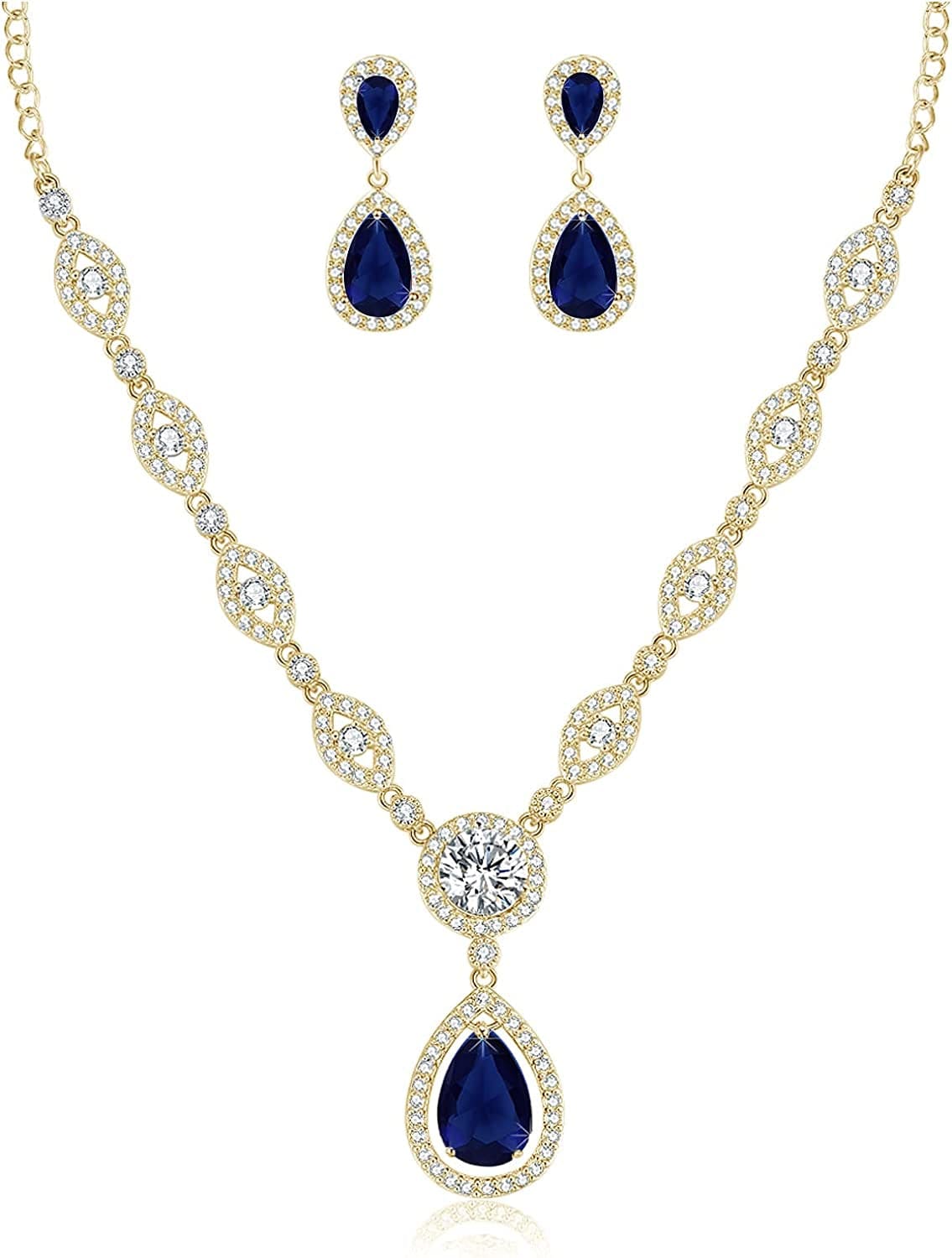 AAA Cubic Zirconia CZ Silver Plated Base Women'S Party Jewelry Set Earrings Pendant Necklace Blue CZ-gold plated