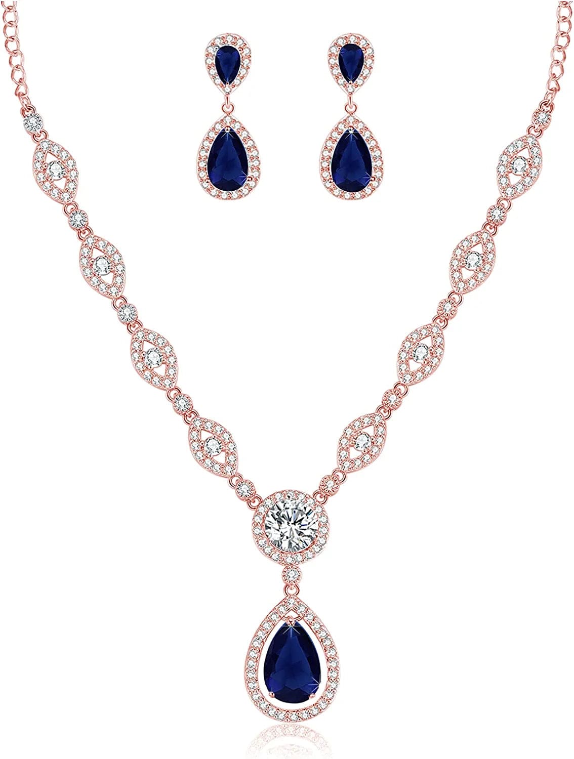 AAA Cubic Zirconia CZ Silver Plated Base Women'S Party Jewelry Set Earrings Pendant Necklace Blue CZ-Rose gold Plated