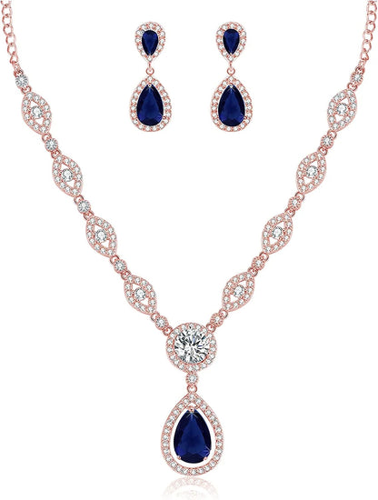 AAA Cubic Zirconia CZ Silver Plated Base Women'S Party Jewelry Set Earrings Pendant Necklace Blue CZ-Rose gold Plated