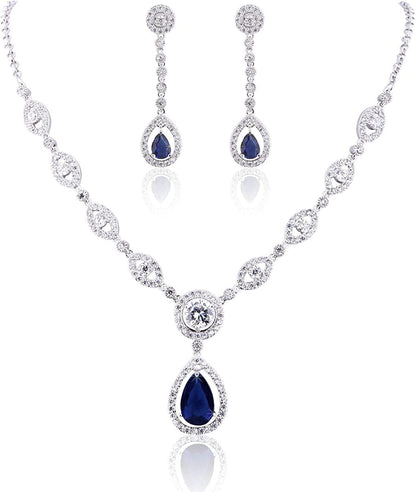 AAA Cubic Zirconia CZ Silver Plated Base Women'S Party Jewelry Set Earrings Pendant Necklace Blue