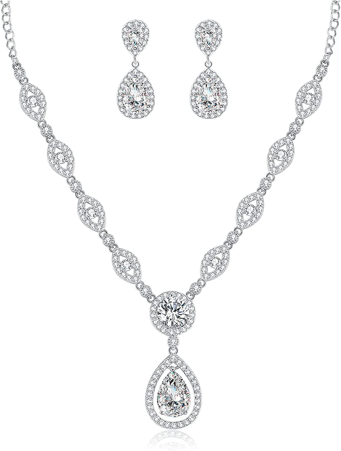 AAA Cubic Zirconia CZ Silver Plated Base Women'S Party Jewelry Set Earrings Pendant Necklace White gold plated