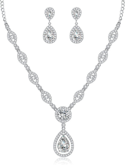 AAA Cubic Zirconia CZ Silver Plated Base Women'S Party Jewelry Set Earrings Pendant Necklace White gold plated