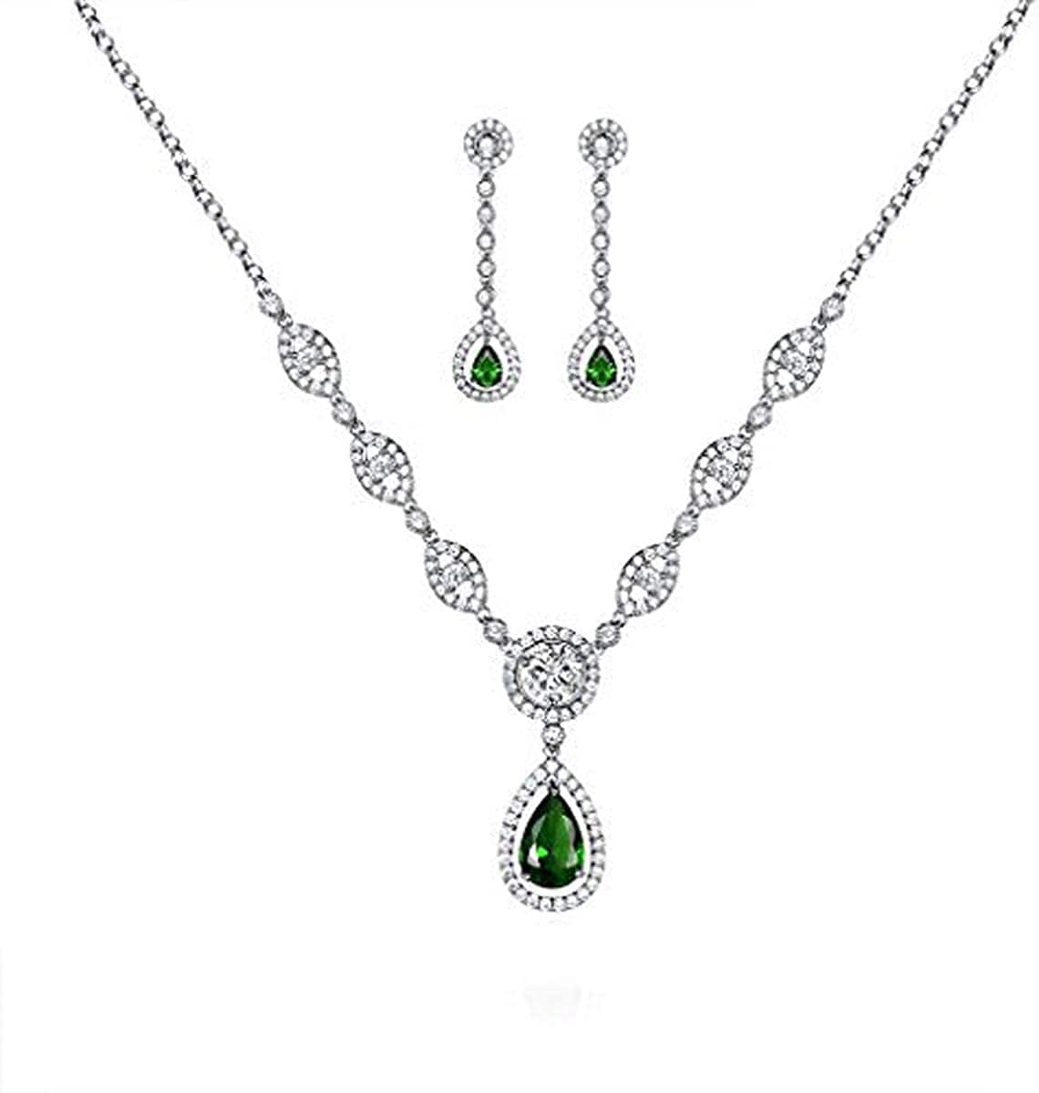 AAA Cubic Zirconia CZ Silver Plated Base Women'S Party Jewelry Set Earrings Pendant Necklace green
