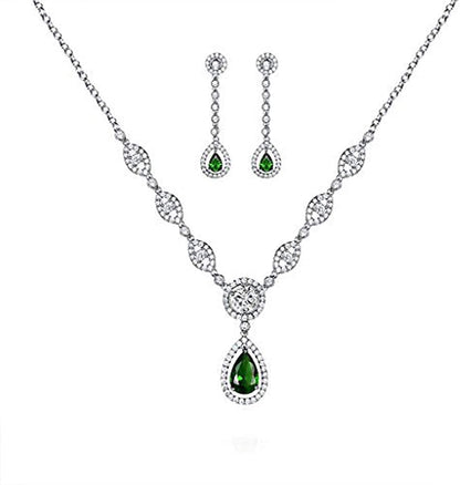 AAA Cubic Zirconia CZ Silver Plated Base Women'S Party Jewelry Set Earrings Pendant Necklace green