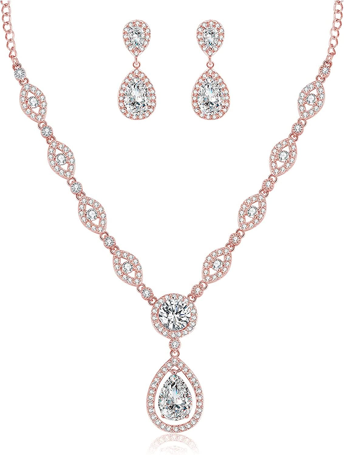 AAA Cubic Zirconia CZ Silver Plated Base Women'S Party Jewelry Set Earrings Pendant Necklace Rose gold Plated