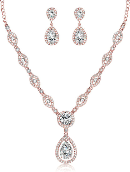 AAA Cubic Zirconia CZ Silver Plated Base Women'S Party Jewelry Set Earrings Pendant Necklace Rose gold Plated