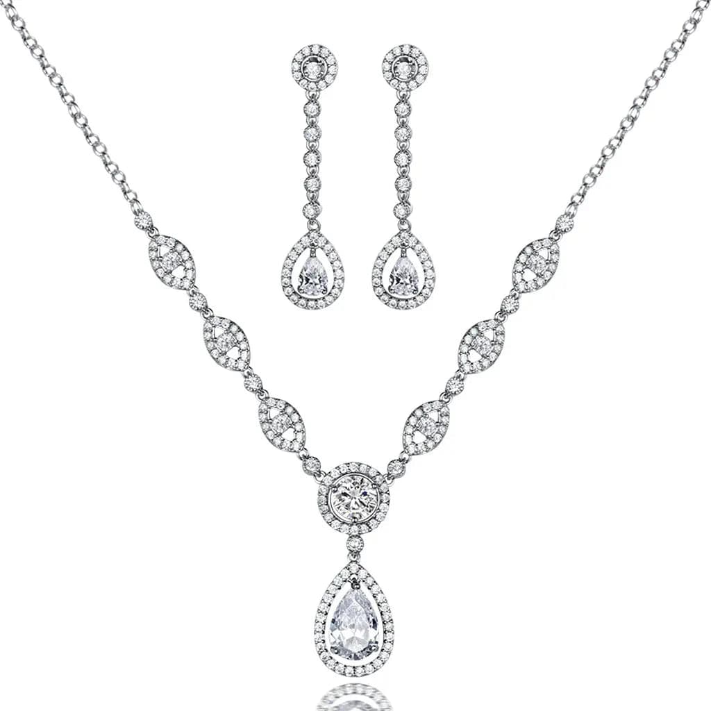 AAA Cubic Zirconia CZ Silver Plated Base Women'S Party Jewelry Set Earrings Pendant Necklace white