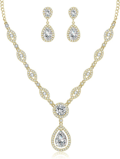 AAA Cubic Zirconia CZ Silver Plated Base Women'S Party Jewelry Set Earrings Pendant Necklace gold plated