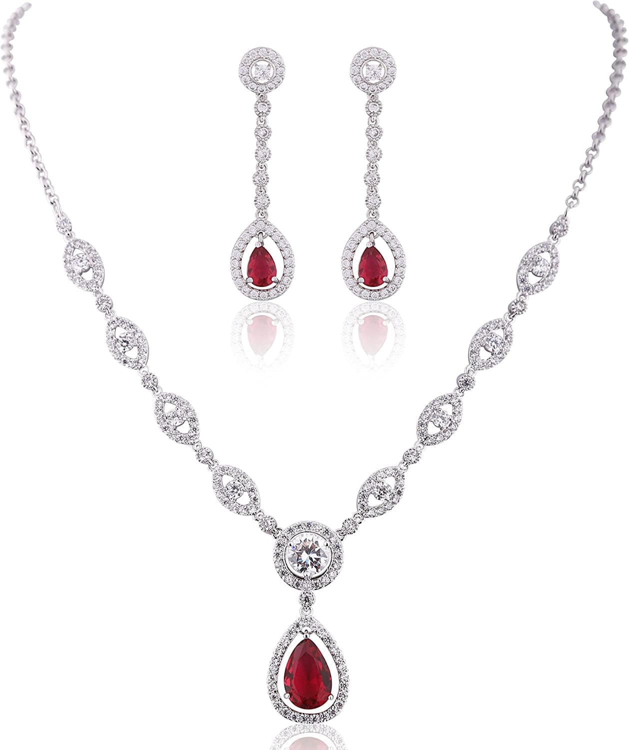 AAA Cubic Zirconia CZ Silver Plated Base Women'S Party Jewelry Set Earrings Pendant Necklace Red