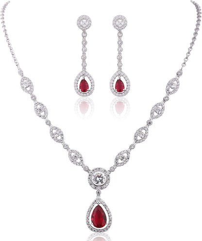 AAA Cubic Zirconia CZ Silver Plated Base Women'S Party Jewelry Set Earrings Pendant Necklace Red