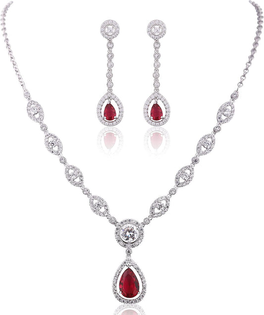 AAA Cubic Zirconia CZ Silver Plated Base Women'S Party Jewelry Set Earrings Pendant Necklace Red