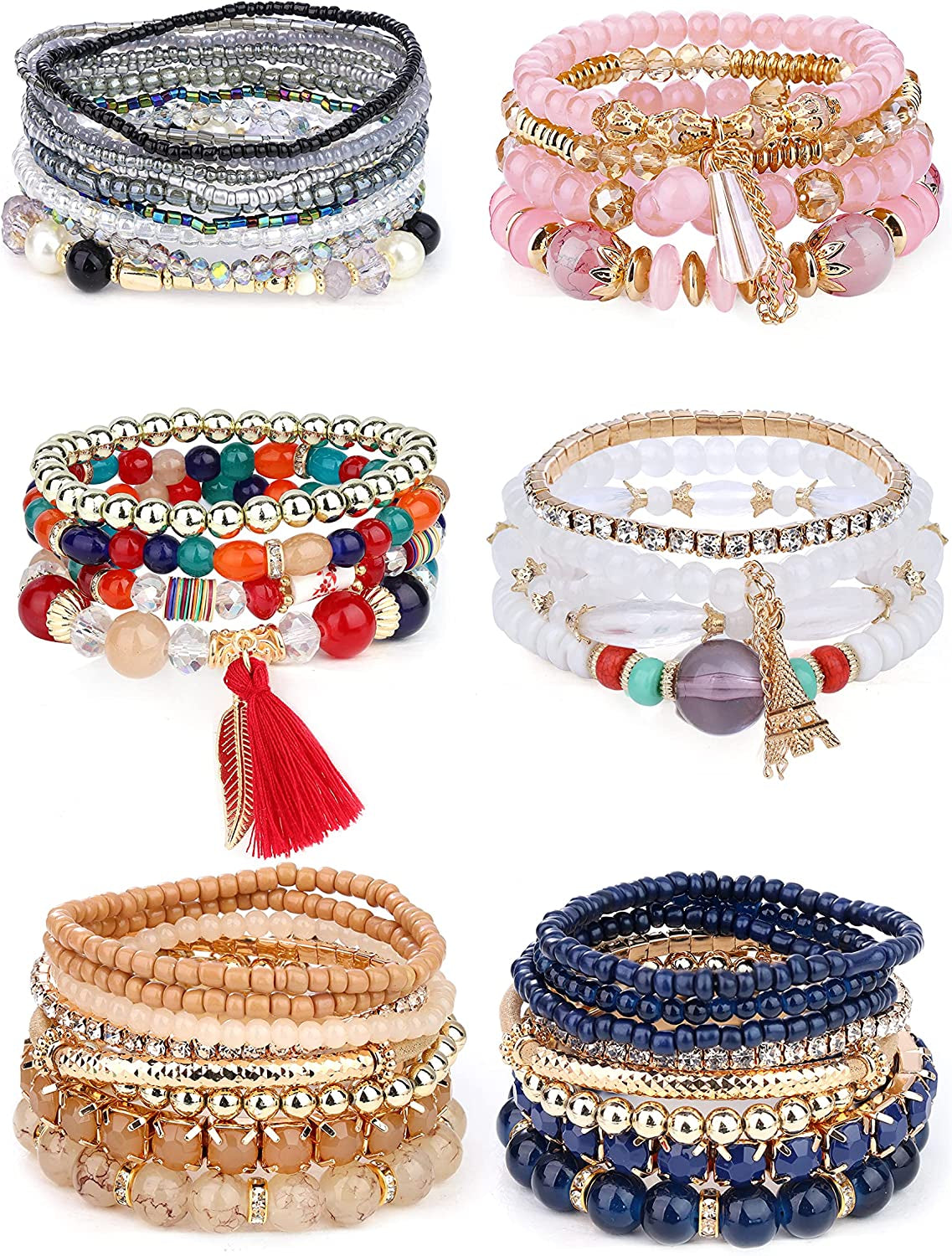 SAILIMUE 4-6 Sets Bohemian Stackable Bead Bracelets for Women Multicolor Stretch Beaded Bracelets Layered Bead Adjustable Bracelet Pink Black Turquoise Stretch Bracelets Apparel & Accessories > Jewelry > Bracelets sailimue C.6 Sets Multicolor Bracelets  