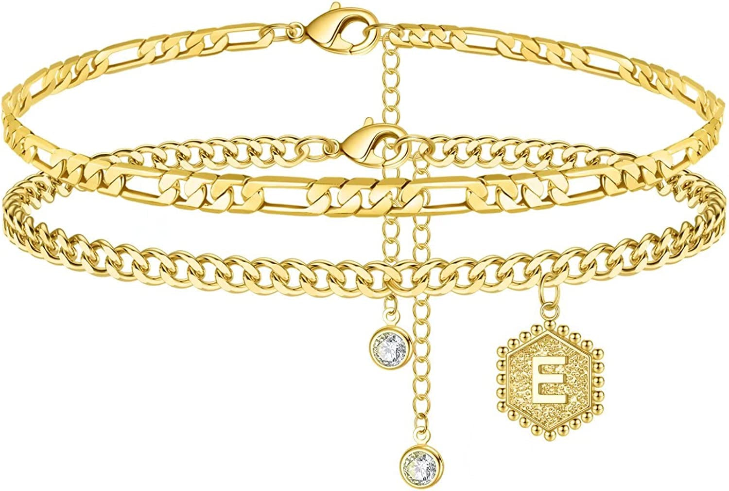 Memorjew Initial Ankle Bracelet for Women, 14K Gold Plated Handmade Double Layered Anklet Letter Initial Anklets Jewelry Gifts for Women Teen Girls Apparel & Accessories > Jewelry > Anklets Memorjew E  