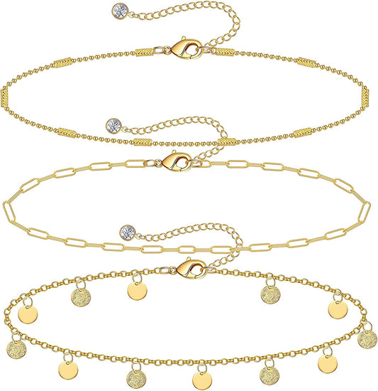 Gold Ankle Bracelets for Women 14K Gold Plated Anklet Silver Evil Eye Butterfly Star Rose Quartz Bead Box Paperclip Chain Dainty Layered Anklet Set 3Pcs Jewelry Gifts for Teen Girls Apparel & Accessories > Jewelry > Anklets Budding Gallery A-Yellow Gold-Chain  