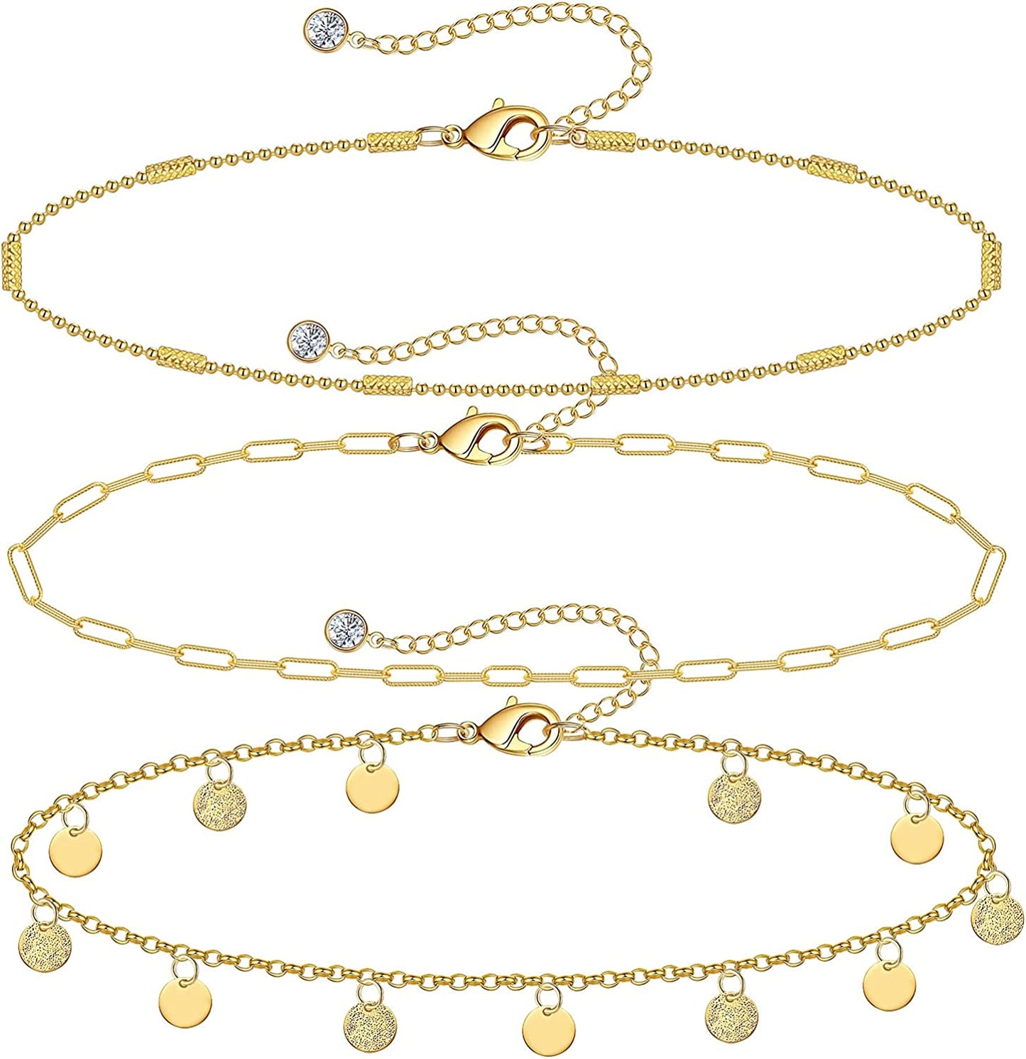 Gold Ankle Bracelets for Women 14K Gold Plated Anklet Silver Tennis Rose Quartz Cross Bead Herringbone Snake Paperclip Chain Cubic Zirconia Dainty Layered Anklet Set 3Pcs Apparel & Accessories > Jewelry > Anklets WeSparking P-Yellow Gold-Coin Chain  