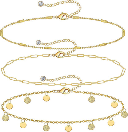Gold Ankle Bracelets for Women 14K Gold Plated Anklet Silver Tennis Rose Quartz Cross Bead Herringbone Snake Paperclip Chain Cubic Zirconia Dainty Layered Anklet Set 3Pcs Apparel & Accessories > Jewelry > Anklets WeSparking P-Yellow Gold-Coin Chain  