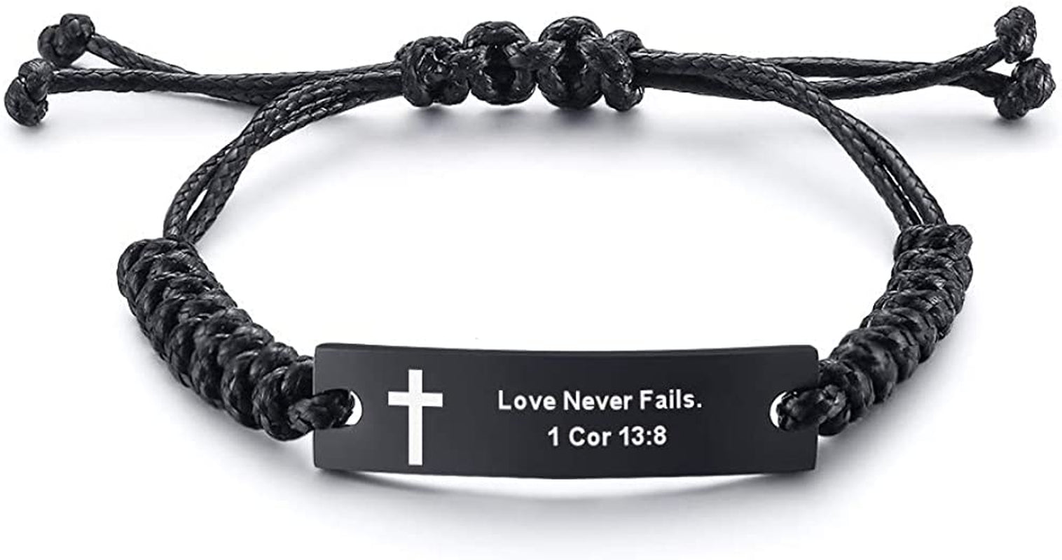 Personalized Unisex Religious Bible Verse Scripture Quotes Bracelet Faith Christian Adjustable Cord Stainless Steel Encourage Inspirational ID Bracelets for Men Women, Christmas Gift Customized Apparel & Accessories > Jewelry > Bracelets Mealguet Love Never Fails. 1 Cor 13:8  