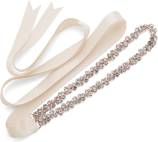SWEETV Bridal Belt with Rhinestones Wedding Dress Belt Crystal Headband Bride Bridesmaids Sash, Silver Apparel & Accessories > Clothing Accessories > Belts SWEETV Rose Gold + Ivory Ribbon  