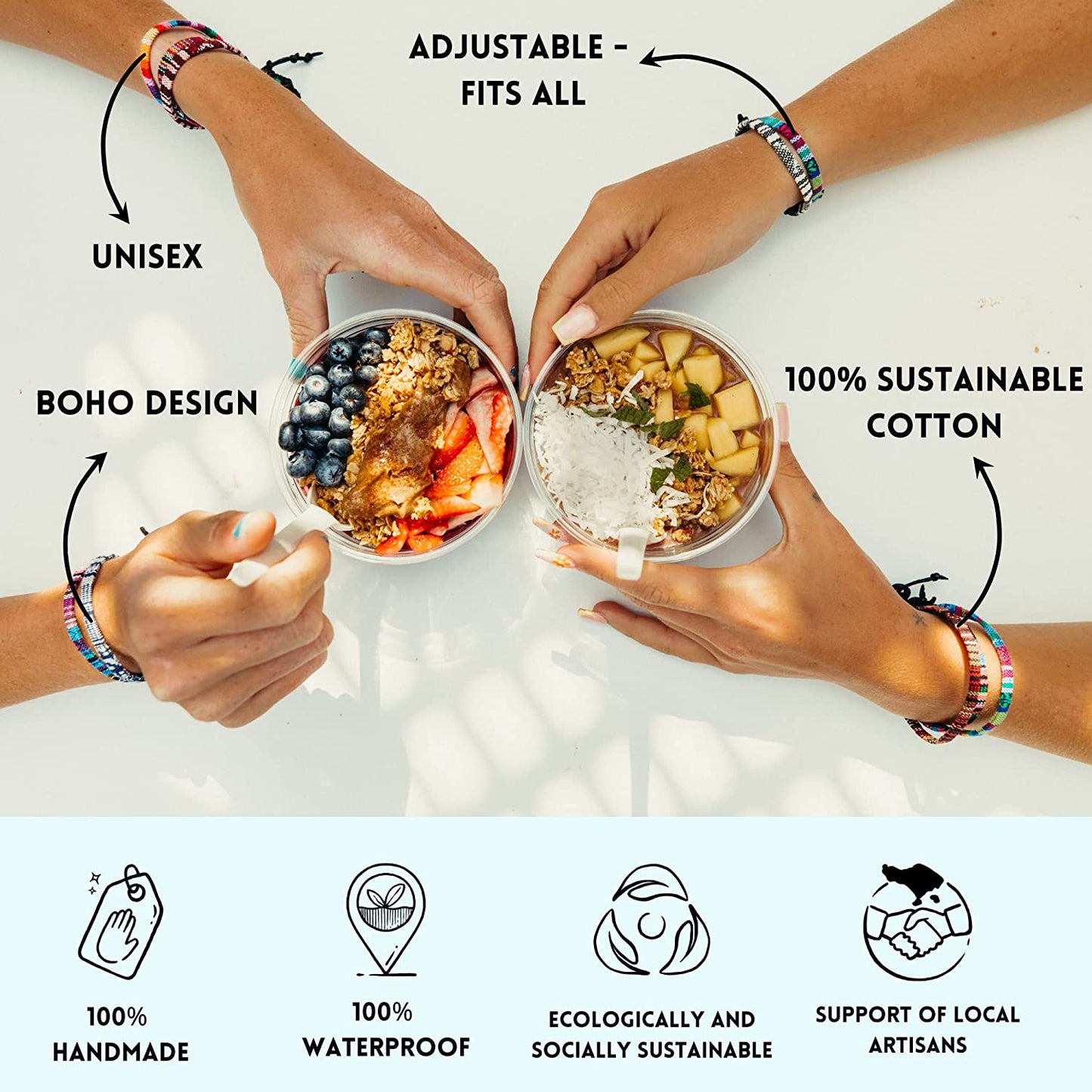 Boho Surfer Bracelet Women & Men - Braided Summer Beach Bracelet - Handmade Festival Accessories - Thin Friendship Bracelets - 100% Waterproof & Adjustable - Ethnic Hippie Style Jewelry (Blue-White) Apparel & Accessories > Jewelry > Bracelets Made by Nami   