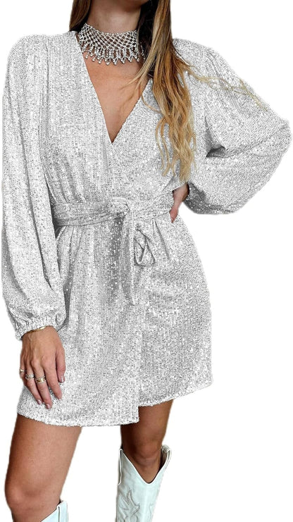 Ababalaya Sparkly Sequin Mini Wrap Dress for Women V-Neck Long Puff Sleeve Glitter Clubwear Party Outfits Wrap around Dresses Silver / Small