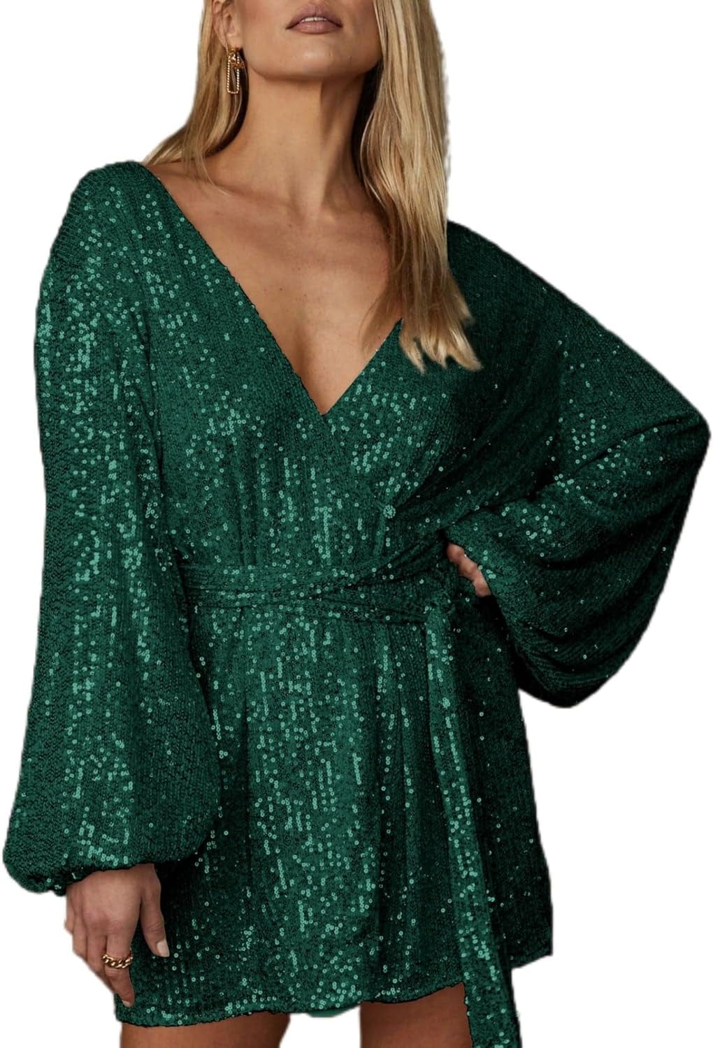 Ababalaya Sparkly Sequin Mini Wrap Dress for Women V-Neck Long Puff Sleeve Glitter Clubwear Party Outfits Wrap around Dresses Dark Green / Medium