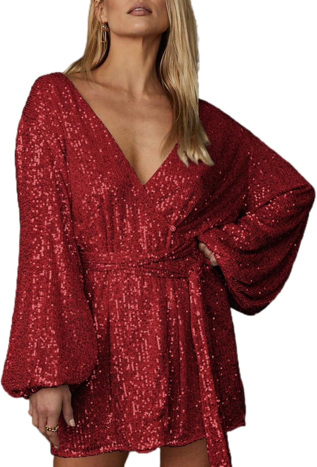 Ababalaya Sparkly Sequin Mini Wrap Dress for Women V-Neck Long Puff Sleeve Glitter Clubwear Party Outfits Wrap around Dresses Red / Small