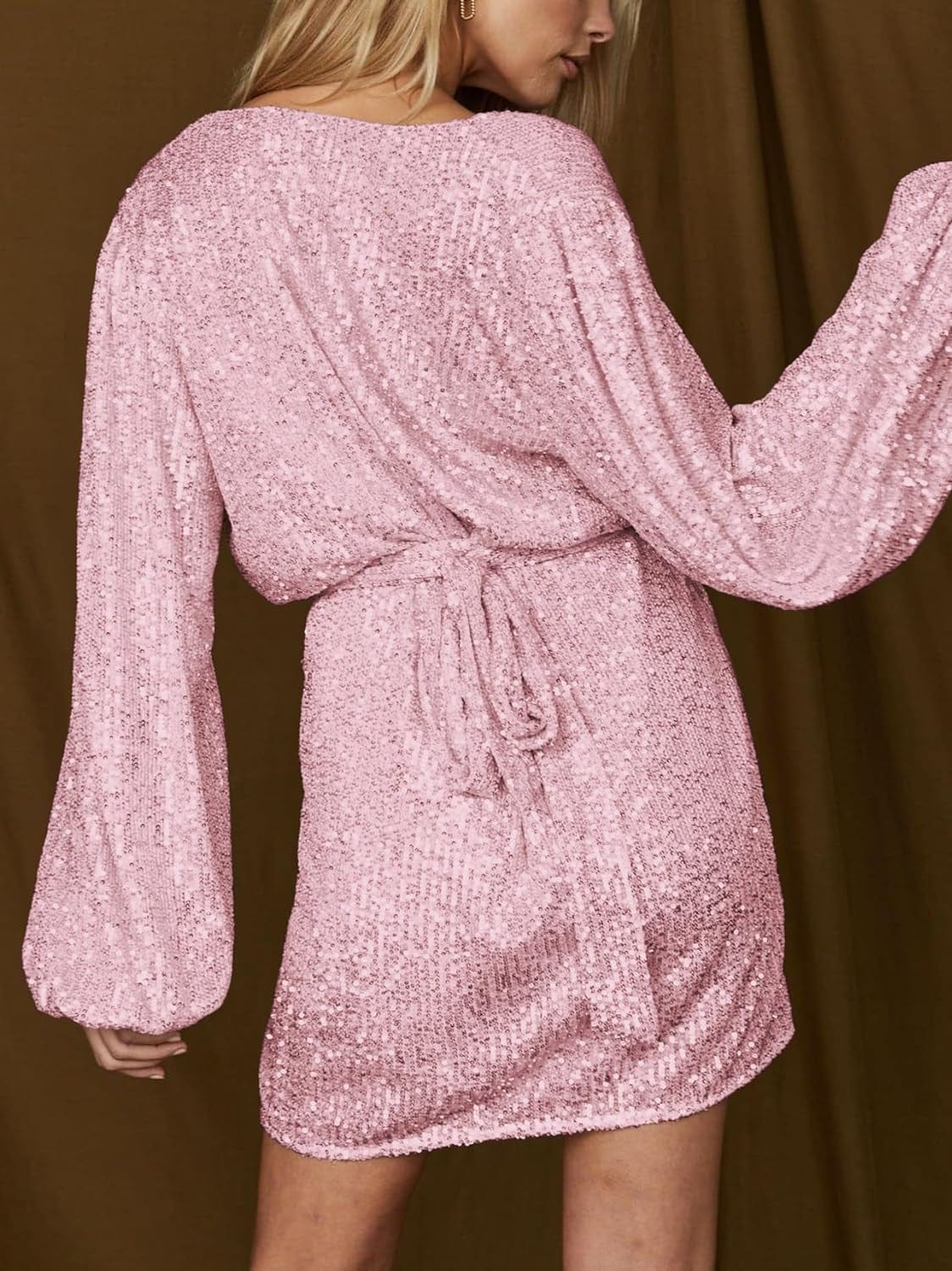 Ababalaya Sparkly Sequin Mini Wrap Dress for Women V-Neck Long Puff Sleeve Glitter Clubwear Party Outfits Wrap around Dresses