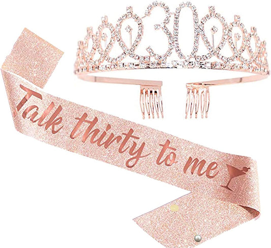 LATFZ Talk Thirty to Me 30Th Birthday Tiara and Sash - 30 Fabulous Satin Sash and Crown 5 Colors Apparel & Accessories > Clothing Accessories > Sashes LATFZ Pink 1  