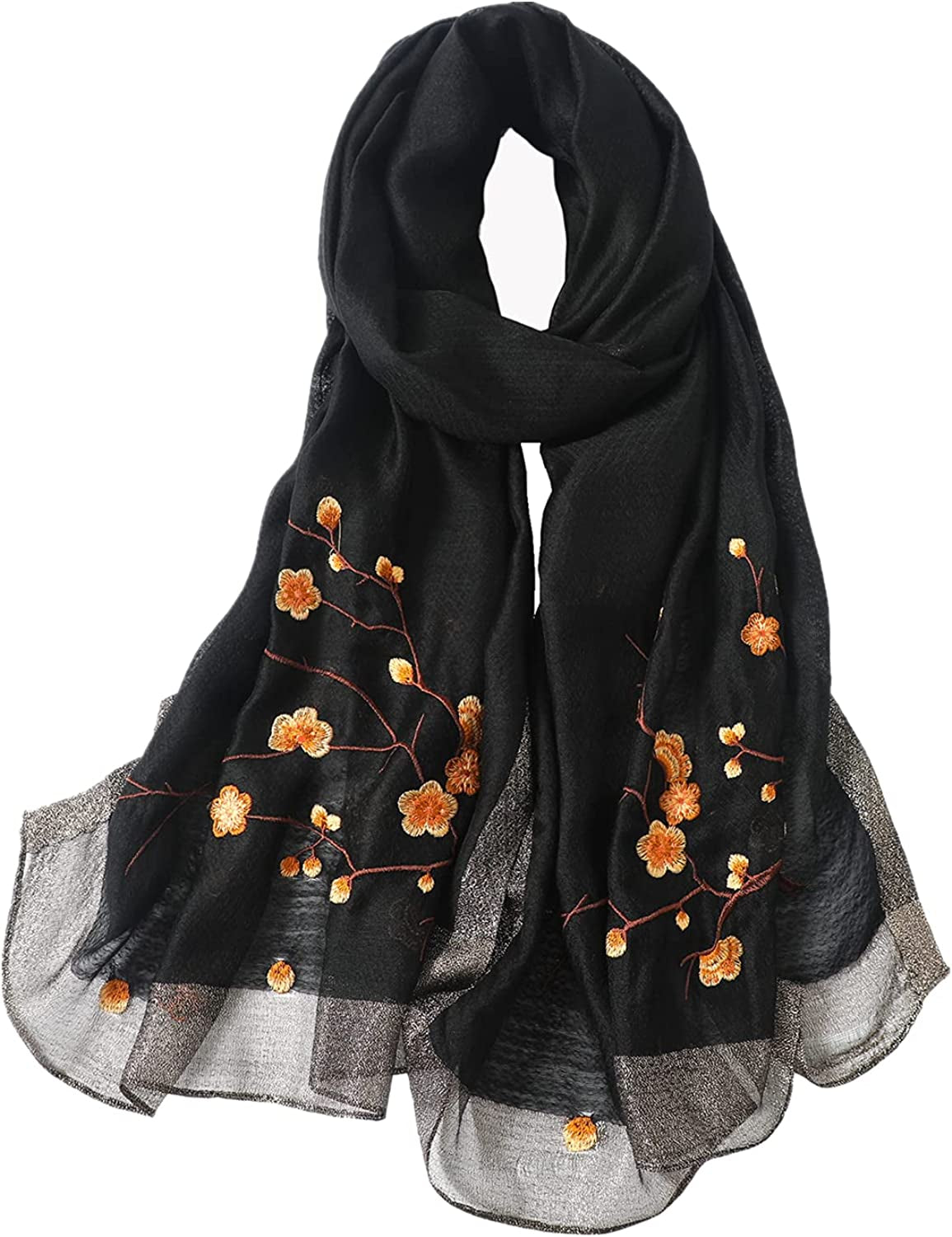 WINCESS YU Women Mulberry Silk Scarf Long & Large Embroidered Floral Pattern Shawl and Wraps Neckerchief for Hair & Neck Apparel & Accessories > Clothing Accessories > Scarves & Shawls WINCESS.YU Black  
