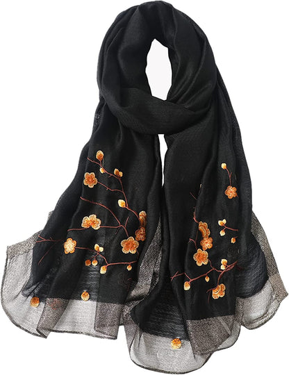 WINCESS YU Women Mulberry Silk Scarf Long & Large Embroidered Floral Pattern Shawl and Wraps Neckerchief for Hair & Neck Apparel & Accessories > Clothing Accessories > Scarves & Shawls WINCESS.YU Black  