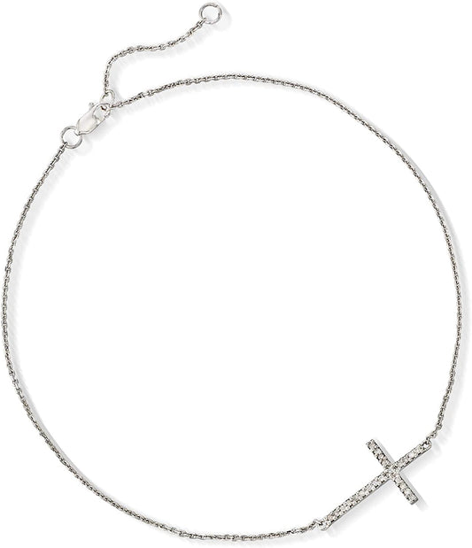 Ross-Simons 14Kt White Gold Sideways Cross Anklet with Diamond Accents. 9 Inches Apparel & Accessories > Jewelry > Anklets Ross-Simons   
