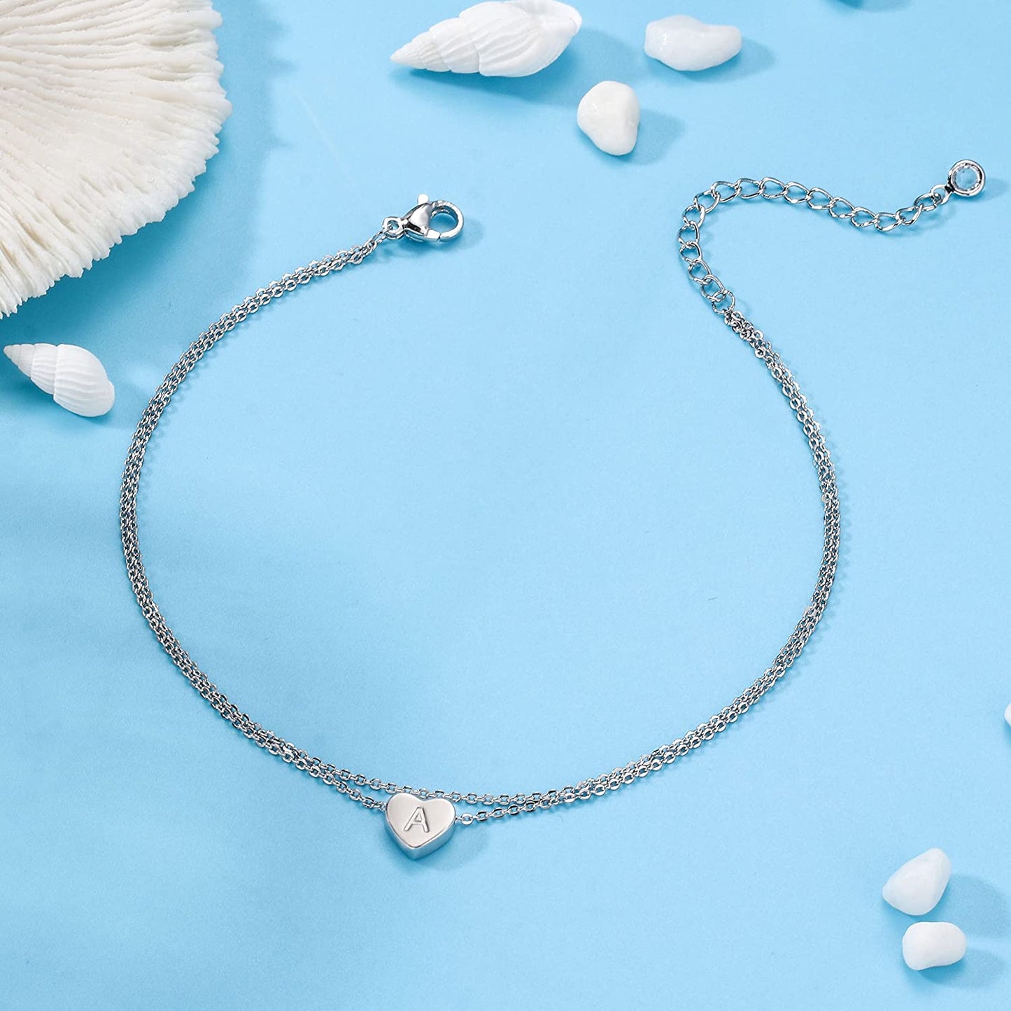 Turandoss Silver Heart Initial Ankle Bracelets for Women, 14K White Gold Filled Handmade Dainty Layered Silver Anklet Letter Initial Heart Ankle Bracelets for Women Silver Summer Foot Beach Jewelry Apparel & Accessories > Jewelry > Anklets Turandoss   