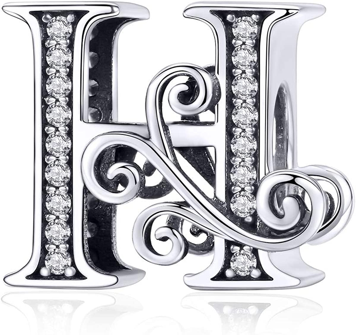 Solid 925 Sterling Silver with Cubic Stones, Complete A~Z Gift Options Alphabet Charm Letter Beads Fit Pandora European Bracelets Apparel & Accessories > Jewelry > Bracelets ABAOLALA ALPHABET H  