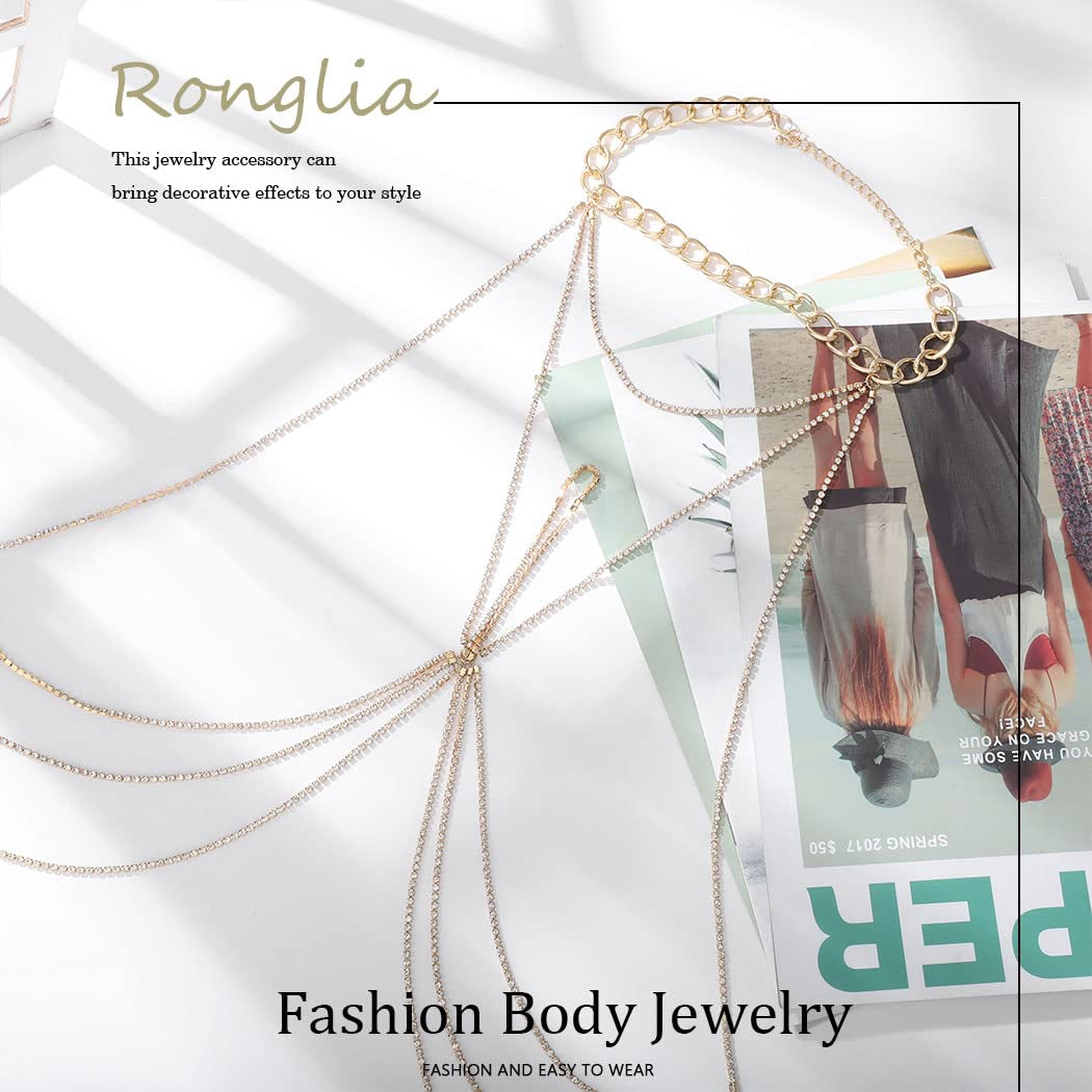 Ronglia Sexy Layered Body Chains Gold Rhinestone Bra Chain Rhinestone Belly Chain Bikini Beach Body Jewelry for Women and Girls Apparel & Accessories > Jewelry > Body Jewelry Generic   