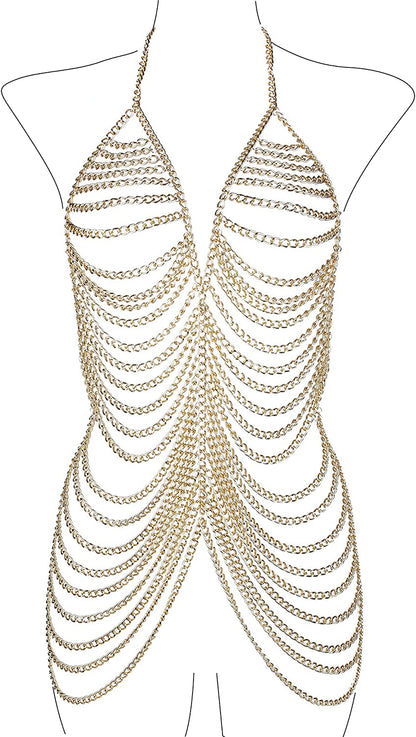 Maijiao Adjustable Gold Body Chain Set - Boho Summer Beach Bikini Belly Chain Jewelry for Women Rave Full Body Jewelry Layered Bra Chain Necklace Chain Dress Apparel & Accessories > Jewelry > Body Jewelry Maijiao Gold-7  