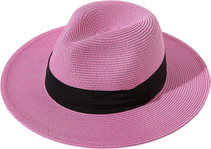 Lanzom Women Wide Brim Straw Panama Roll up Hat Belt Buckle Fedora Beach Sun Hat UPF50+ Apparel & Accessories > Clothing Accessories > Hats Lanzom Rose One Size 