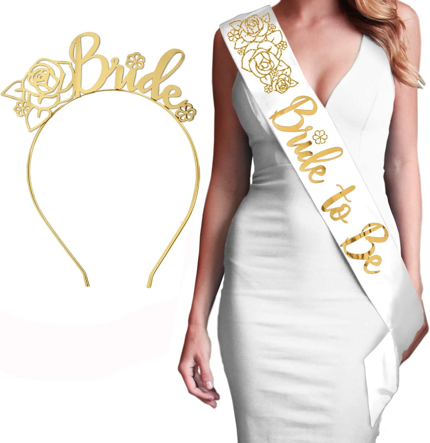 Bride Rose Gold Bridal Shower Set - BRIDAL GRADE SATIN White Sash & Rose Gold Diamond Bride Headband, Bride Kit, Bridal Giftset (B2B & HB Rsgld)Wht Apparel & Accessories > Clothing Accessories > Sashes RhinestoneSash Bride To Be - Gold Floral (White Sash - Gold Floral Headband)  